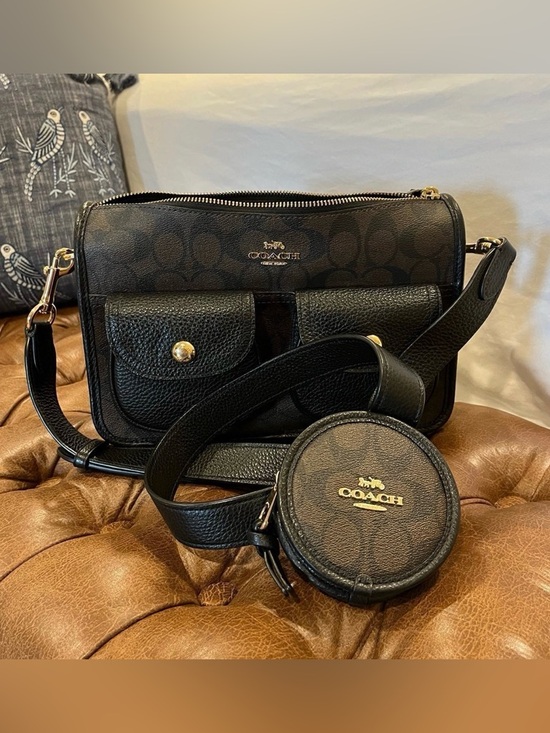 Coach Handbags - COACH PENNY CROSSBODY WITH COIN CASE IN SIGNATURE CANVAS BLACK/BROWN LIKE NEW!